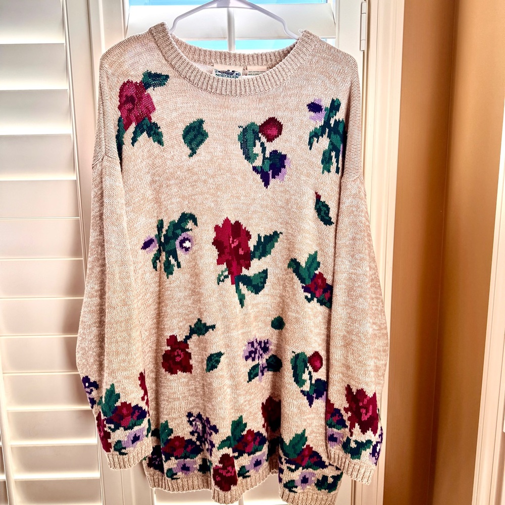Northern Reflections‎ Vintage Floral Sweater Large Beige Cotton 90s Cottagecore